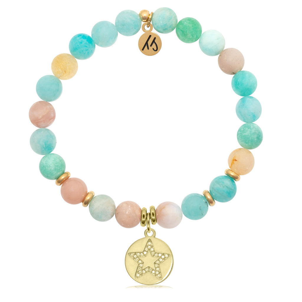 Gold Collection - Multi Amazonite Stone Bracelet with Wish on a Star Gold Charm