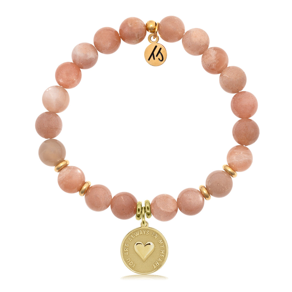 Gold Collection- Peach Moonstone Stone Bracelet with Always in my Heart Gold Charm