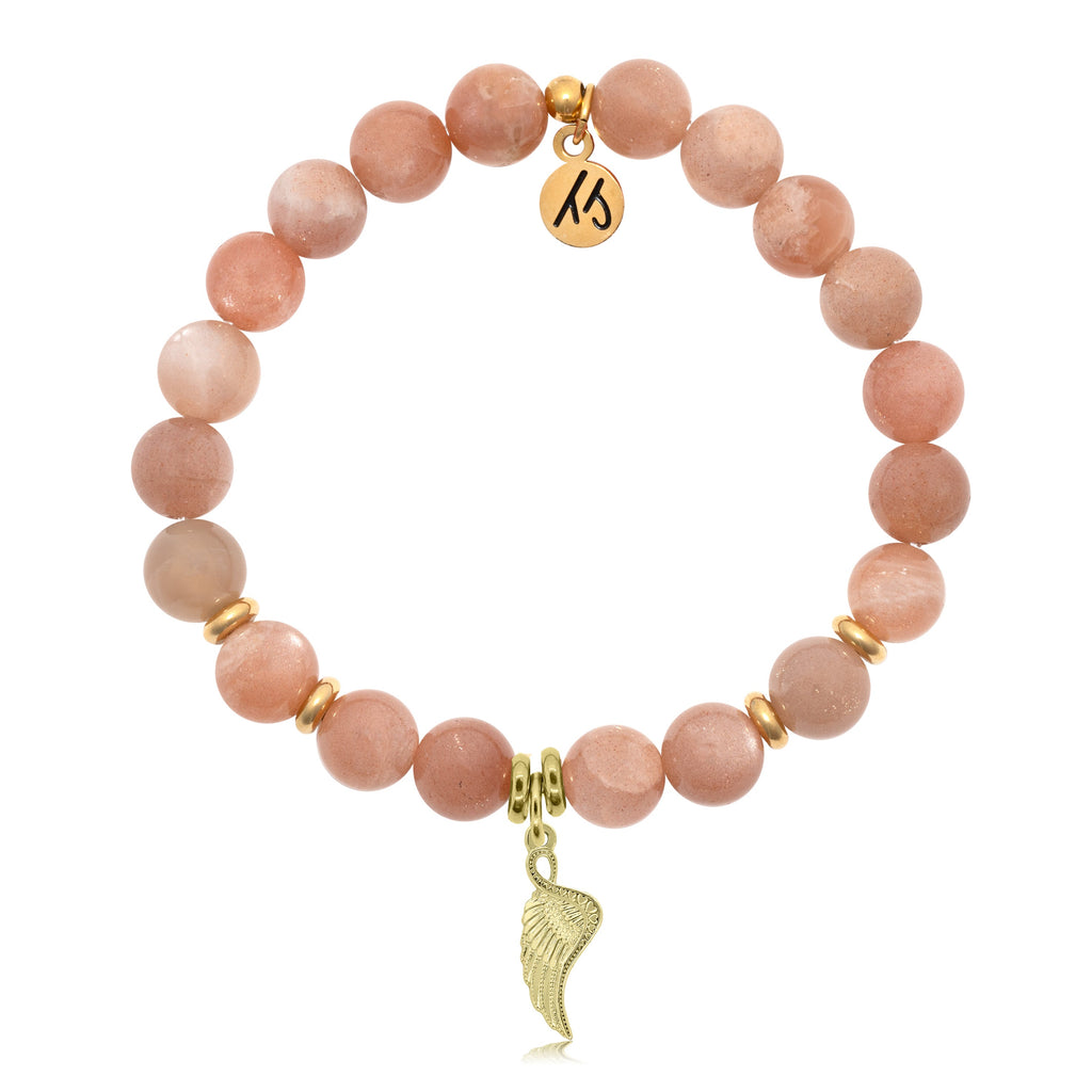 Gold Collection- Peach Moonstone Stone Bracelet with Angel Blessings Gold Charm