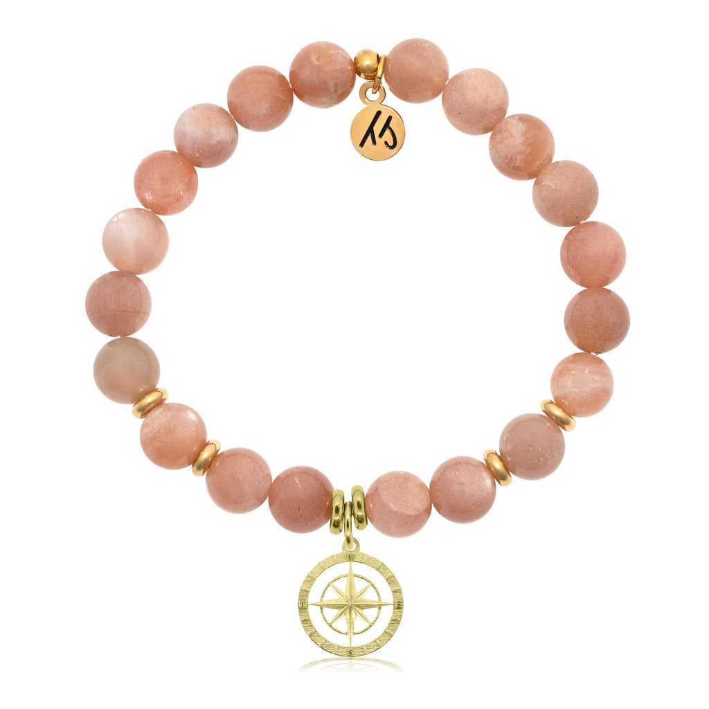 Gold Collection- Peach Moonstone Stone Bracelet with Compass Rose Gold Charm