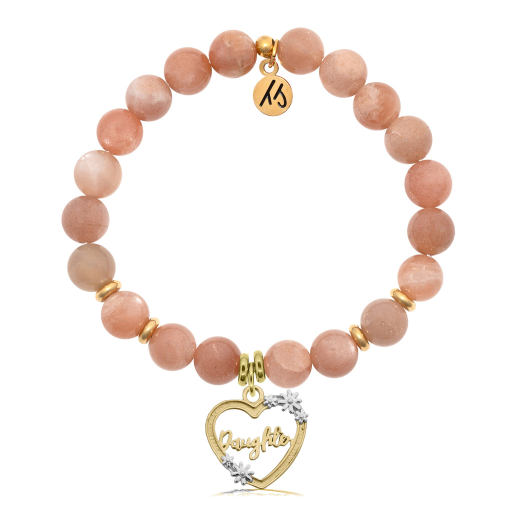 Gold Collection- Peach Moonstone Stone Bracelet with Heart Daughter Gold Charm