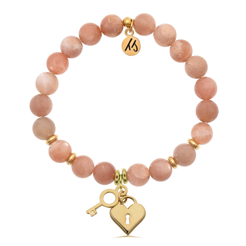 Gold Collection - Peach Moonstone Stone Bracelet with Key to my Heart Gold Charm