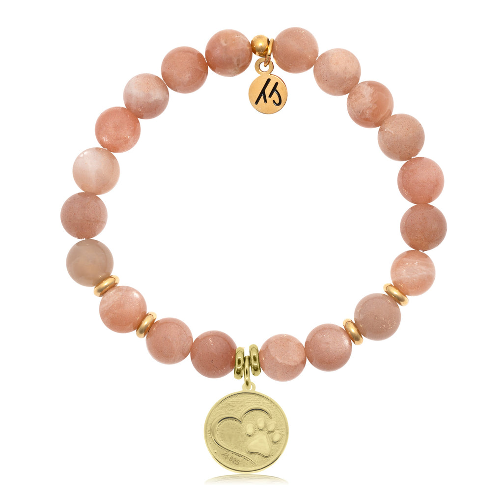 Gold Collection- Peach Moonstone Stone Bracelet with Paw Print Gold Charm