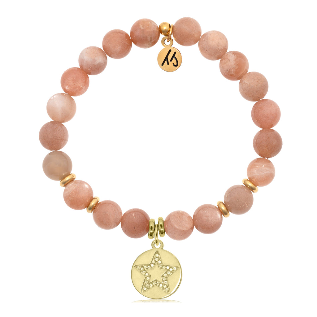 Gold Collection- Peach Moonstone Stone Bracelet with Wish on a Star Gold Charm