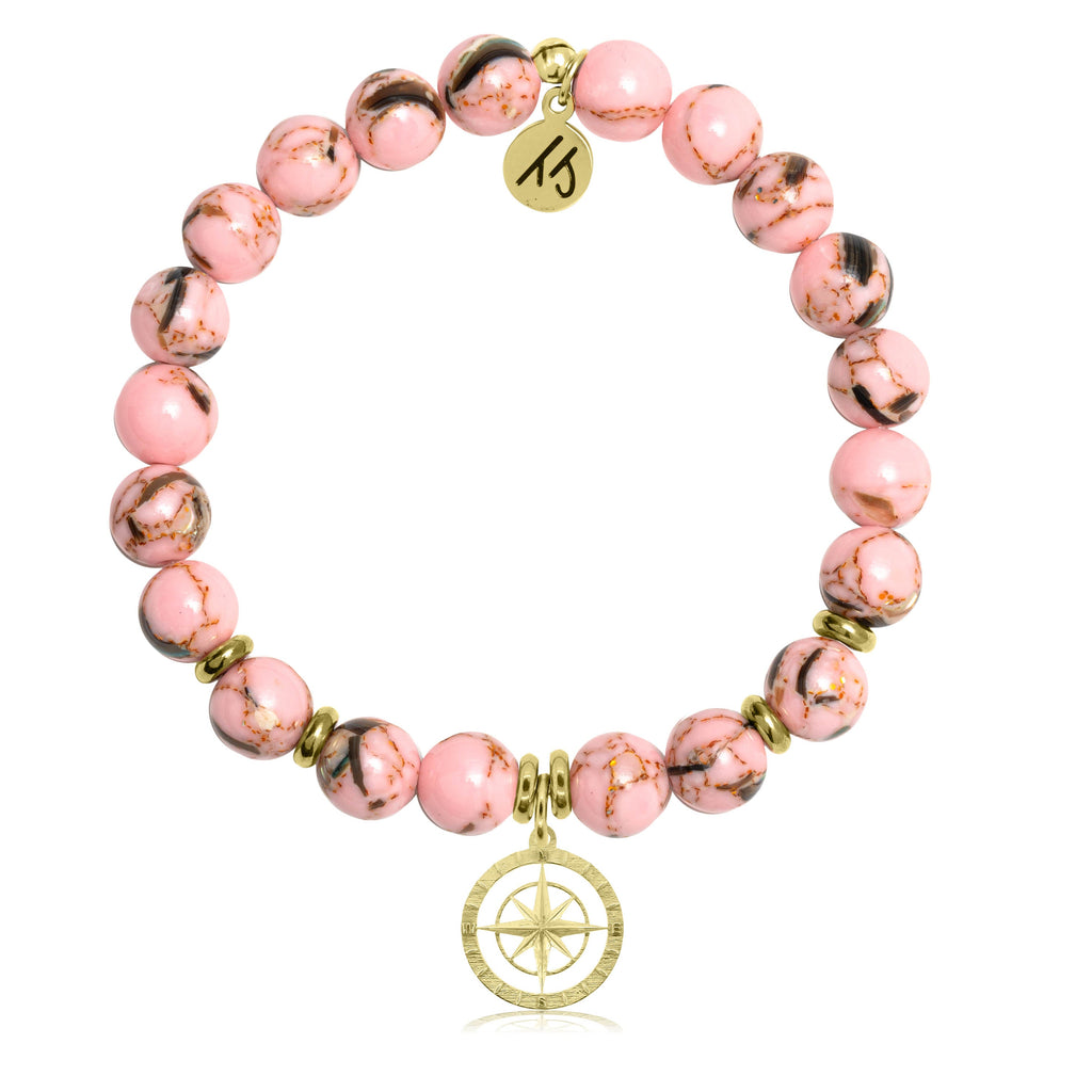 Gold Collection - Pink Shell Stone Bracelet with Compass Rose Gold Charm