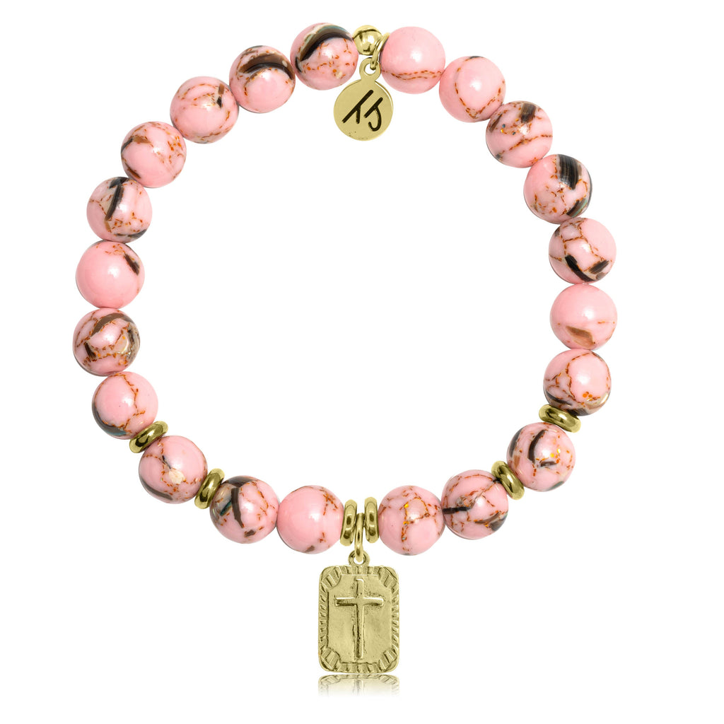 Gold Collection - Pink Shell Stone Bracelet with Cross Gold Charm