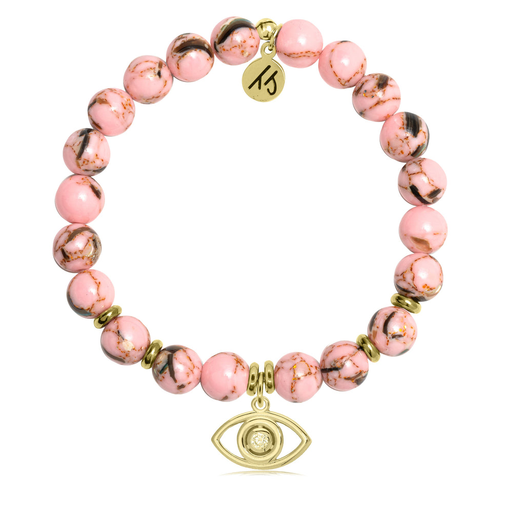 Gold Collection - Pink Shell Stone Bracelet with Evil Eye Gold Charm