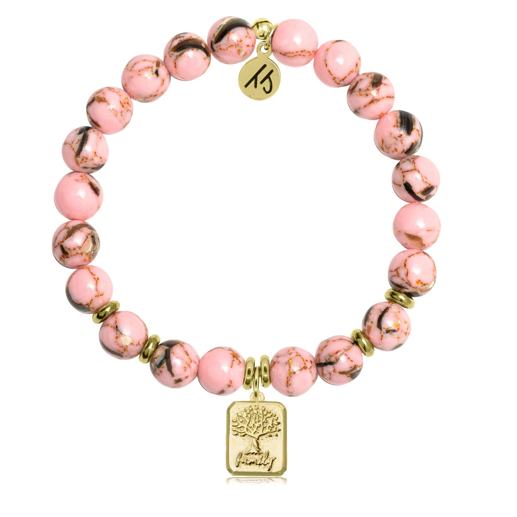 Gold Collection - Pink Shell Stone Bracelet with Family Tree Gold Charm
