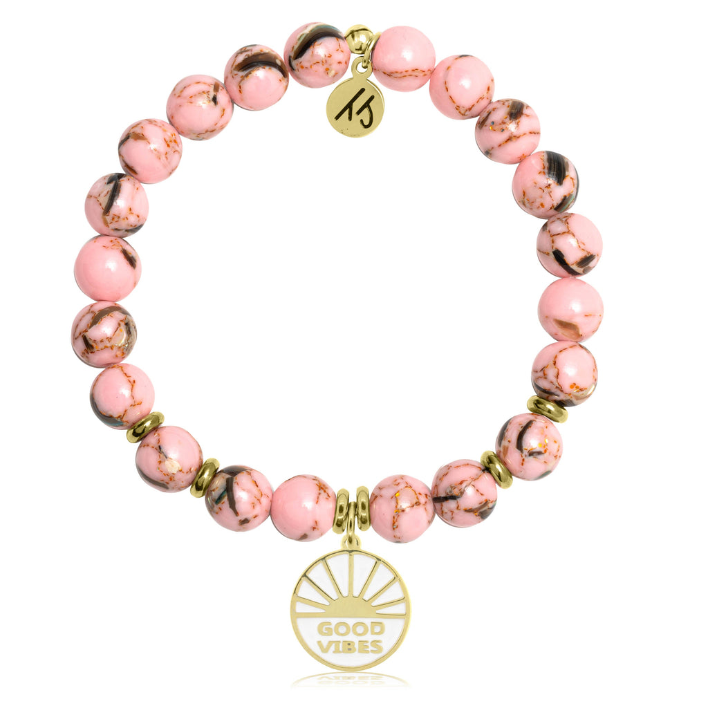 Gold Collection - Pink Shell Stone Bracelet with Good Vibes Gold Charm
