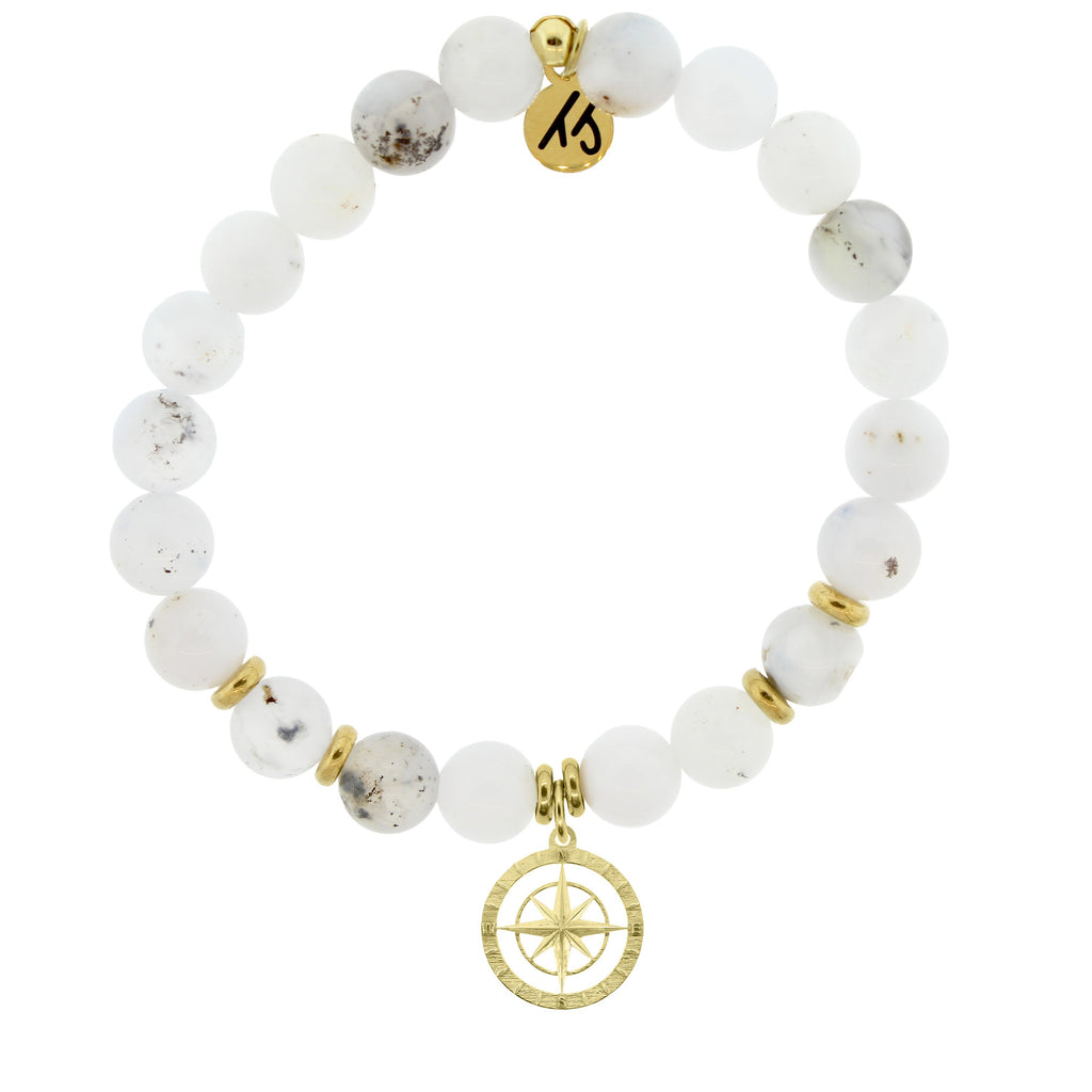 Gold Collection - White Chalcedony Stone Bracelet with Compass Rose Gold Charm