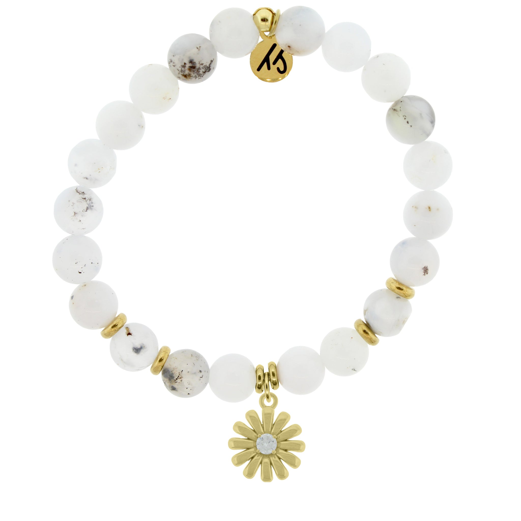 Classic Gold Collection - White Chalcedony Stone Bracelet with Daisy Gold  Charm | T. Jazelle