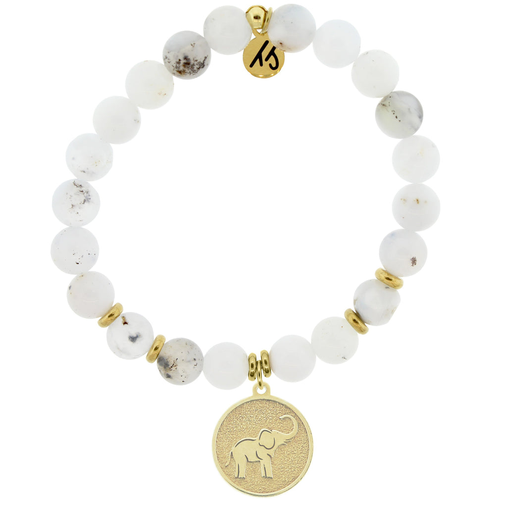 Gold Collection - White Chalcedony Stone Bracelet with Lucky Elephant Gold Charm