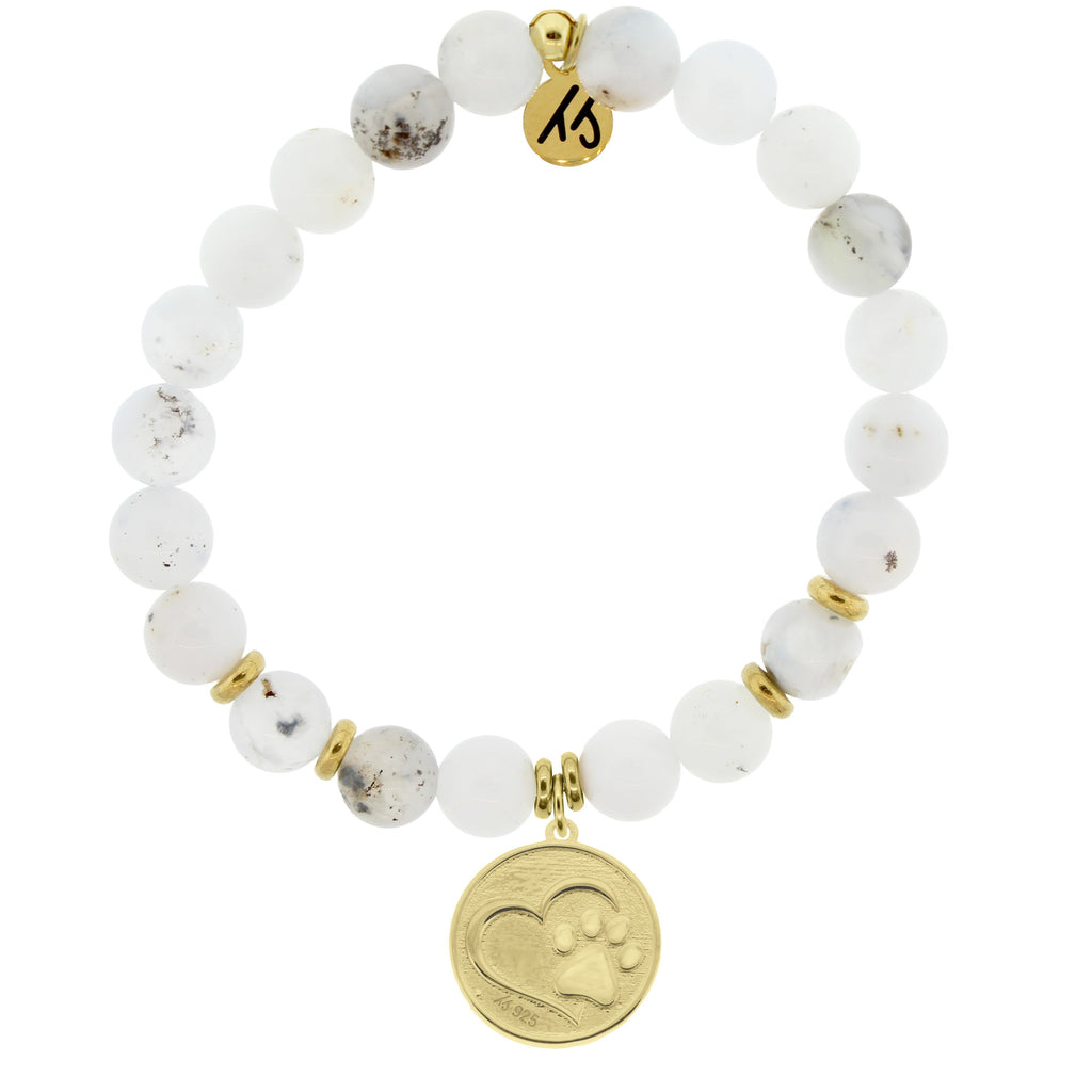 Gold Collection - White Chalcedony Stone Bracelet with Paw Print Gold Charm
