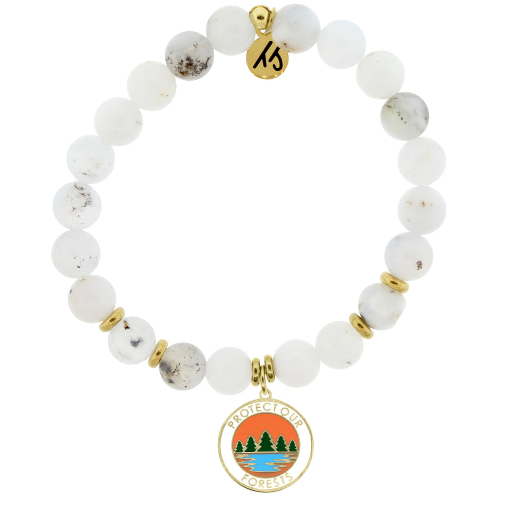 Gold Collection - White Chalcedony Stone Bracelet with Protect our Forests Gold Charm