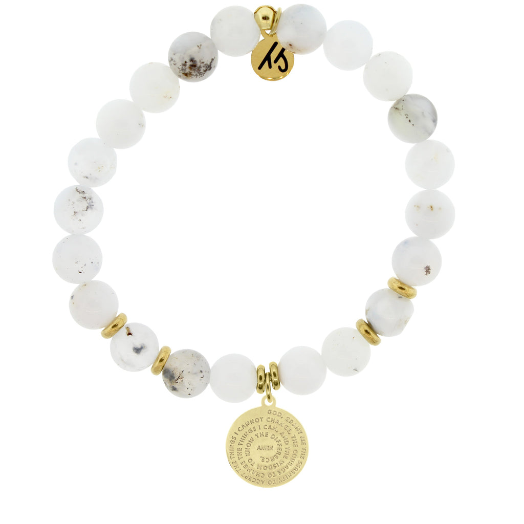 Gold Collection - White Chalcedony Stone Bracelet with Serenity Prayer Gold Charm