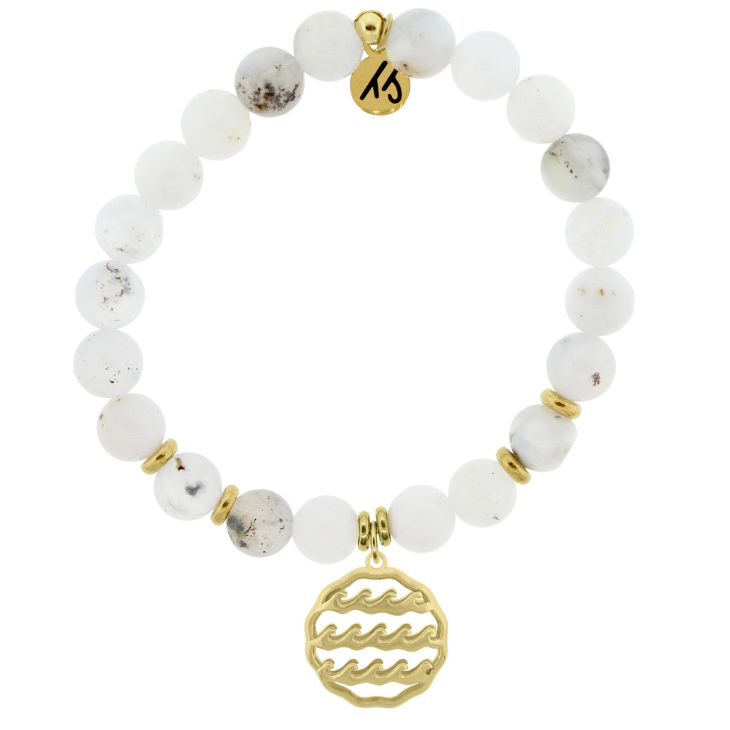 Gold Collection - White Chalcedony Stone Bracelet with Waves of Life Gold Charm