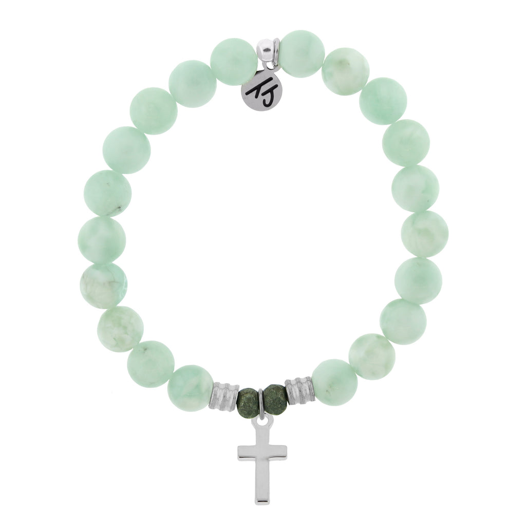 Green Angelite Bracelet with Cross Sterling Silver Charm
