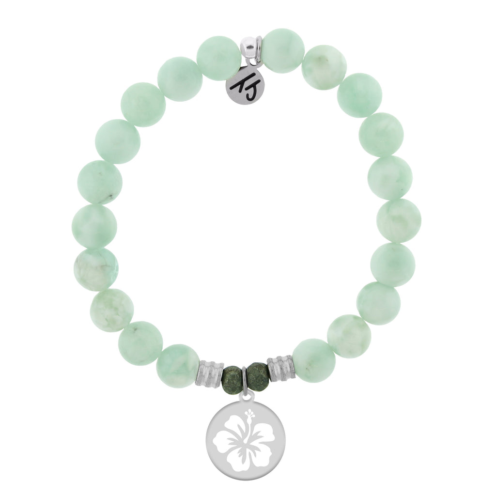 Green Angelite Bracelet with Hibiscus Flower Sterling Silver Charm