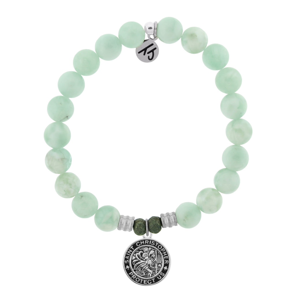 Green Angelite Bracelet with Saint Christopher Sterling Silver Charm