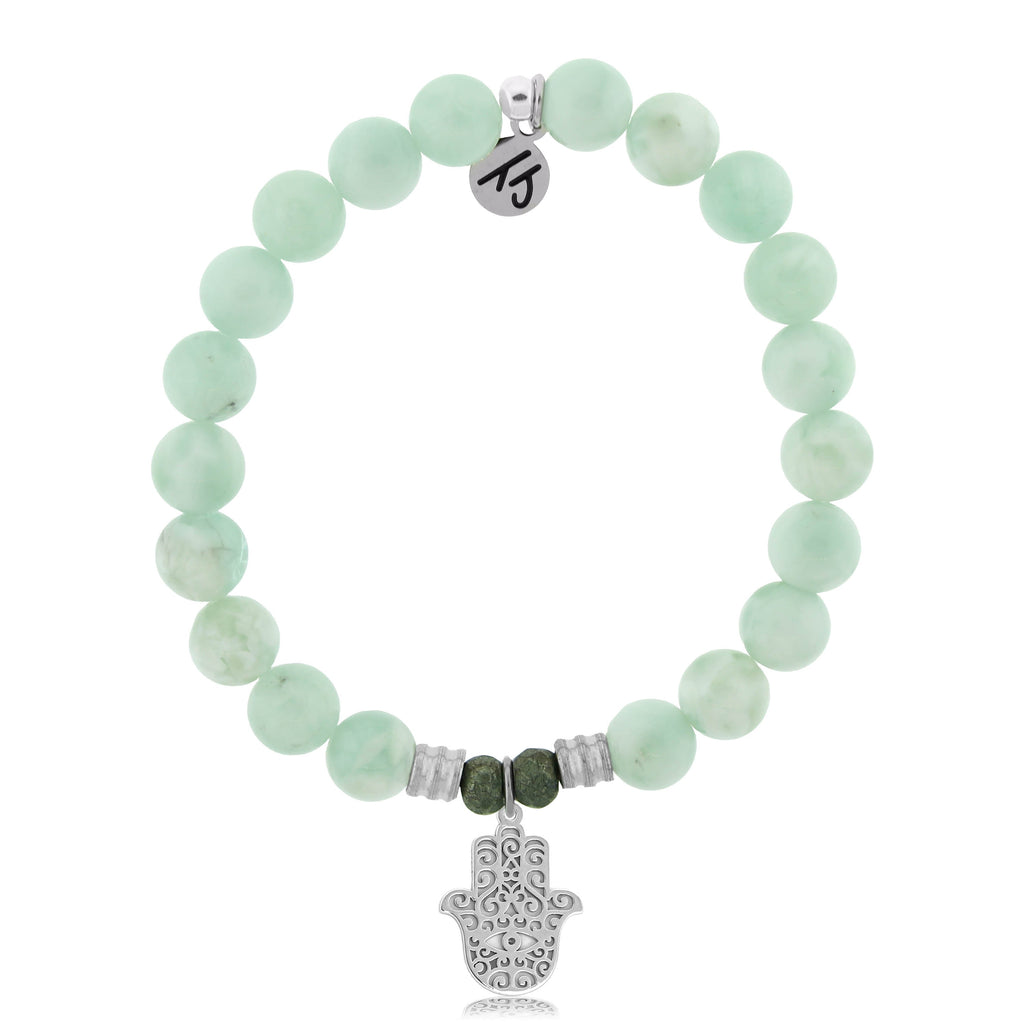 Green Angelite Stone Bracelet with Hamsa Sterling Silver Charm