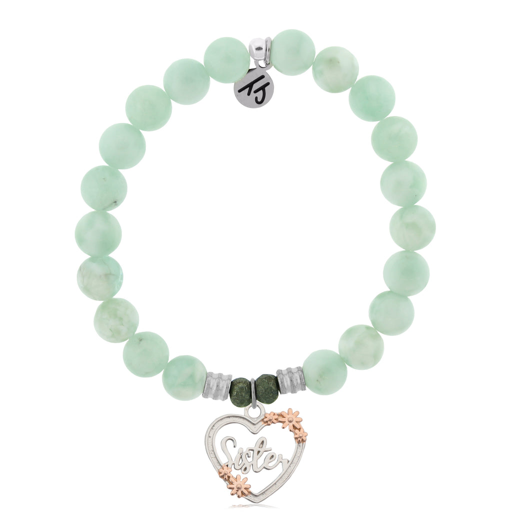 Green Angelite Stone Bracelet with Heart Sister Sterling Silver Charm