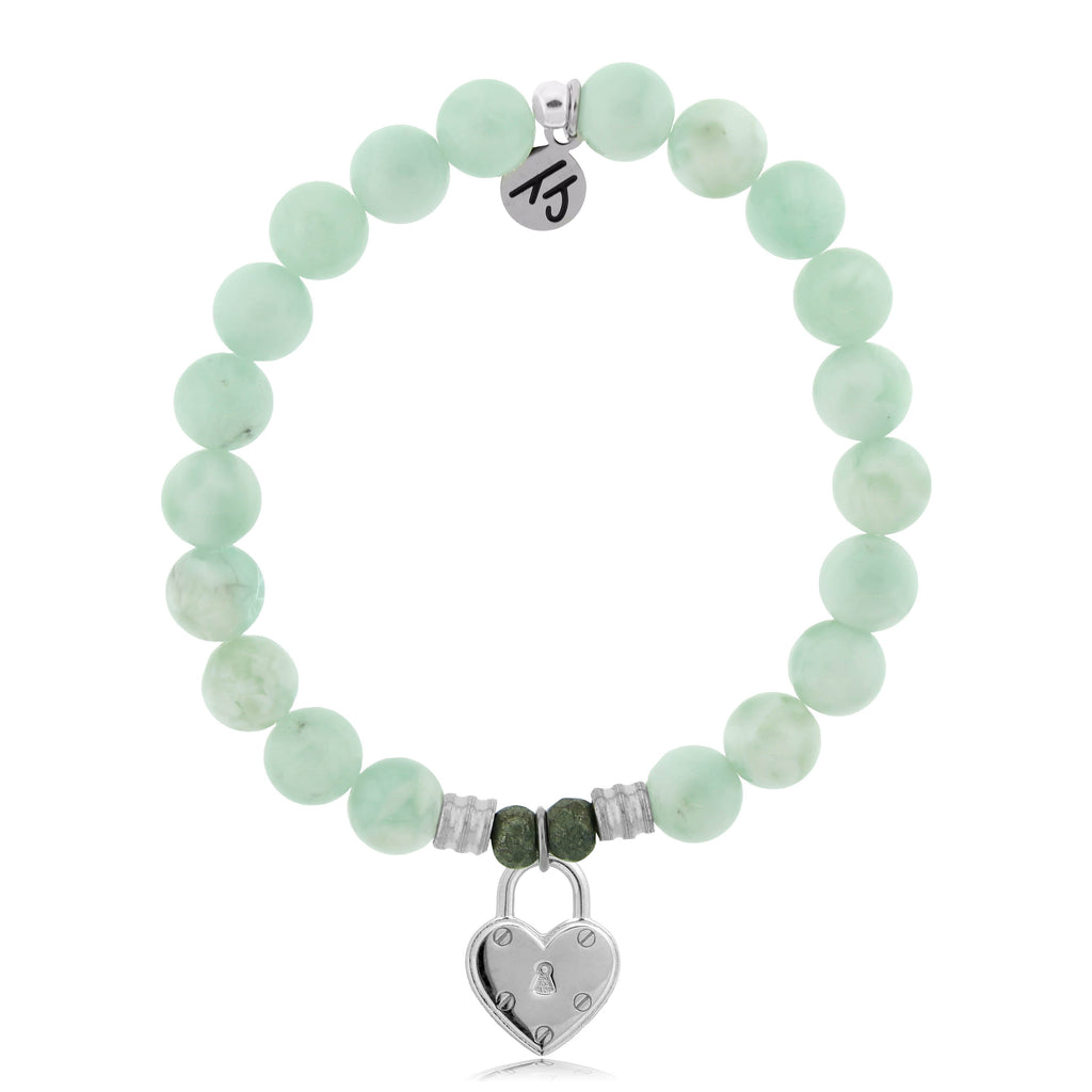 Green Angelite Stone Bracelet with Love Lock Sterling Silver Charm