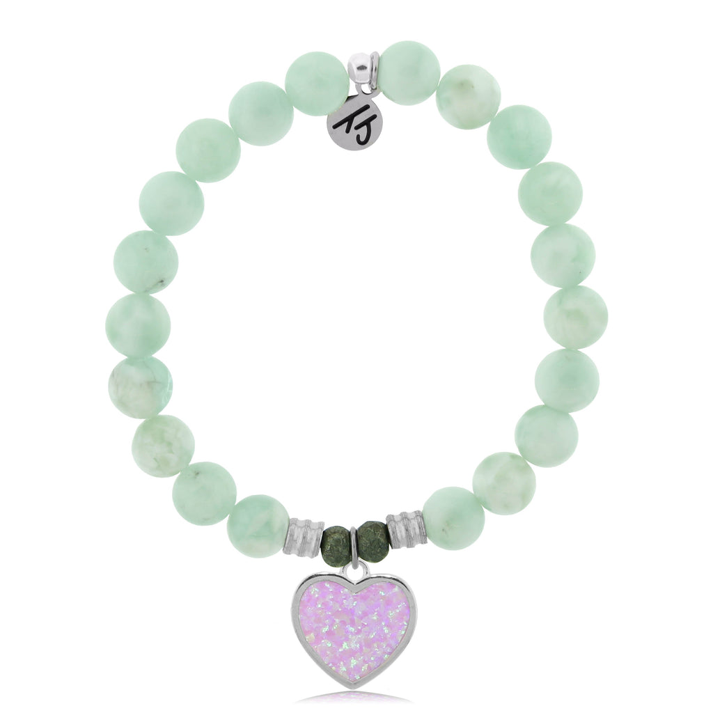 Green Angelite Stone Bracelet with Pink Opal Heart Sterling Silver Charm