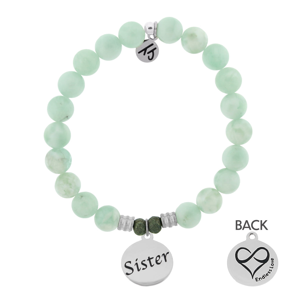 Green Angelite Stone Bracelet with Sister Endless Love Sterling Silver Charm