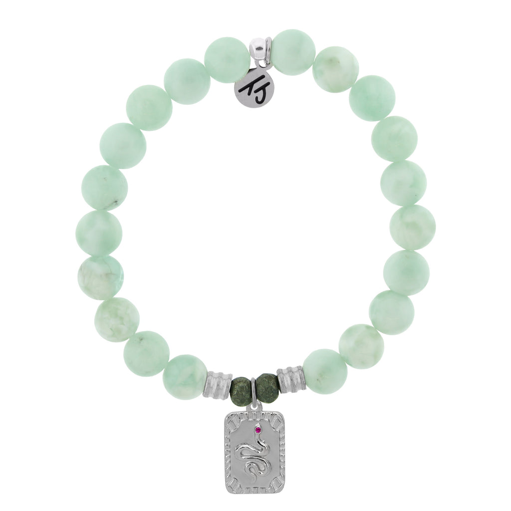 Green Angelite Stone Bracelet with Snake Sterling Silver Charm