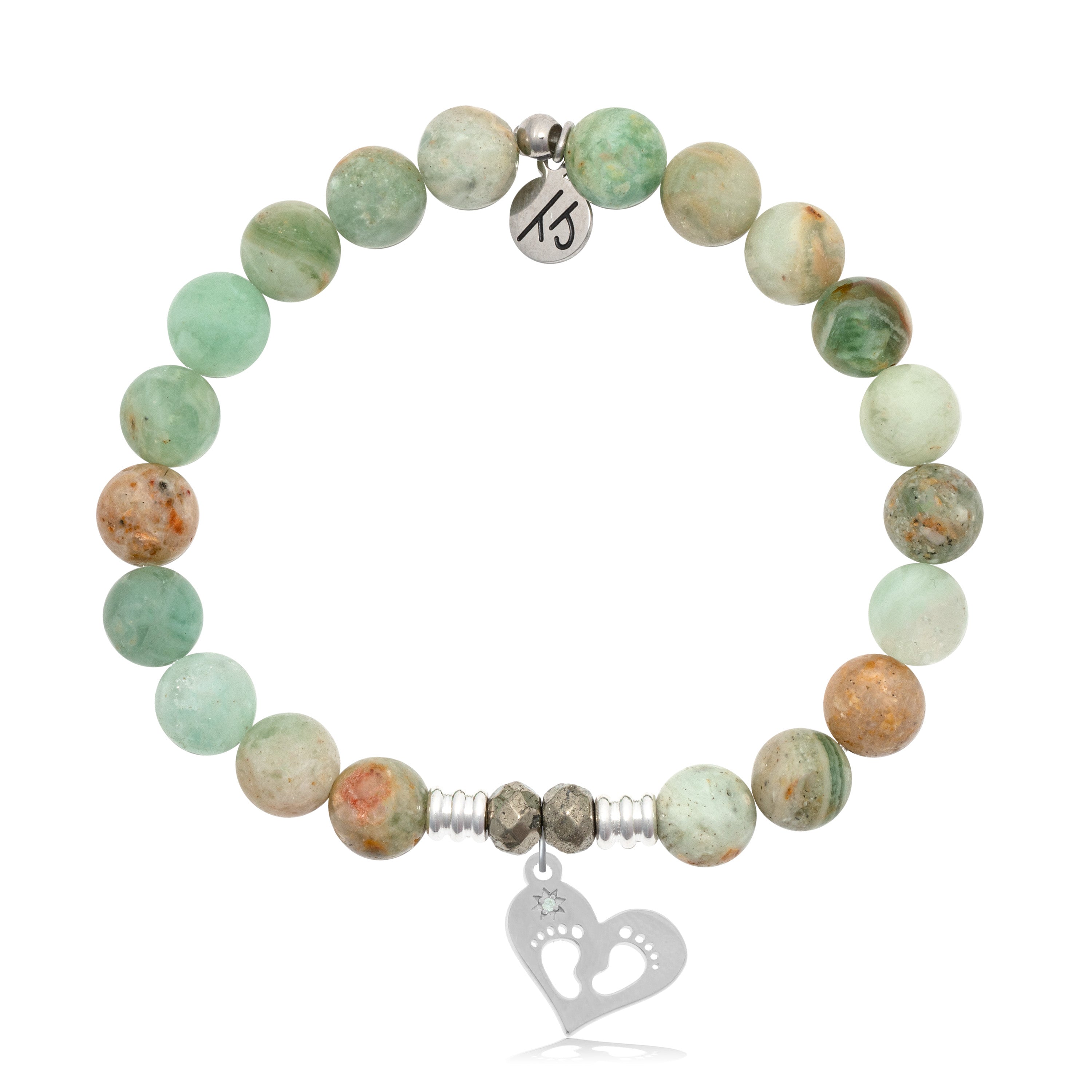 Green Quartz Stone Bracelet with Baby Feet Sterling Silver Charm