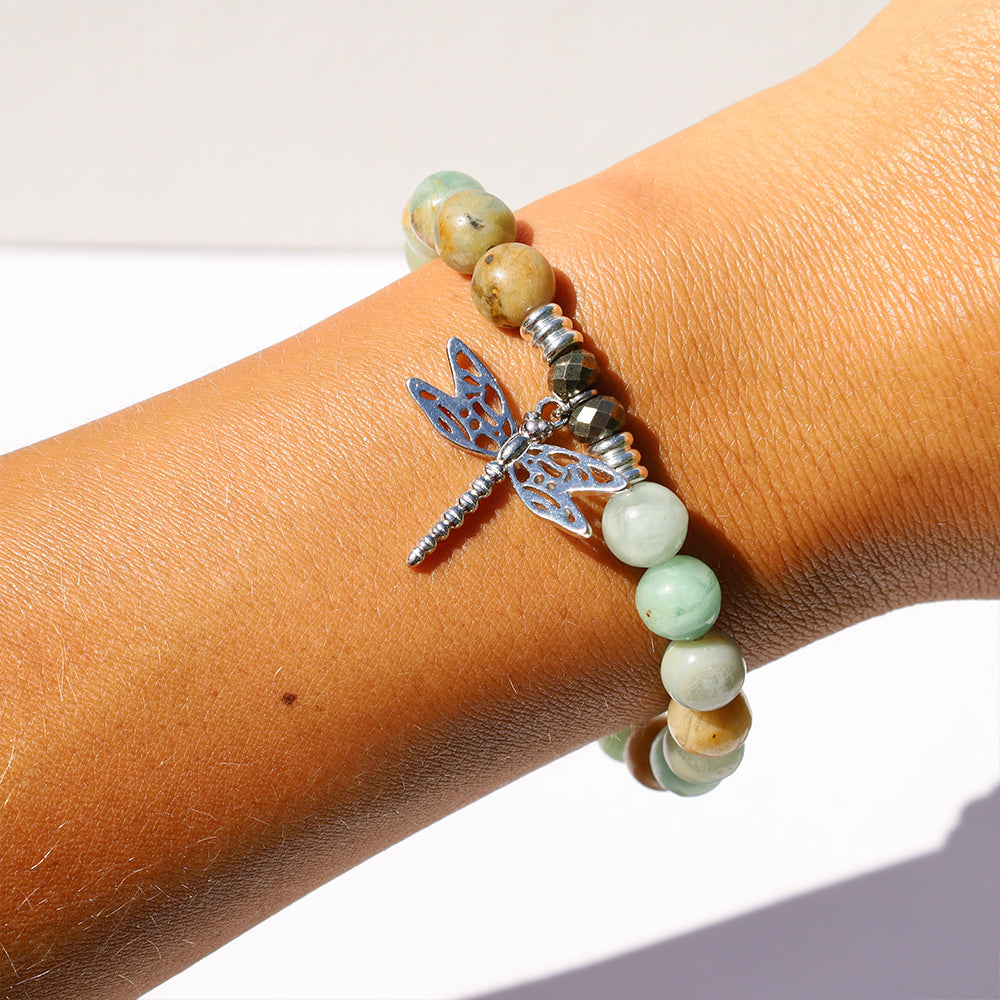 Green Quartz Stone Bracelet with Dragonfly Sterling Silver Charm