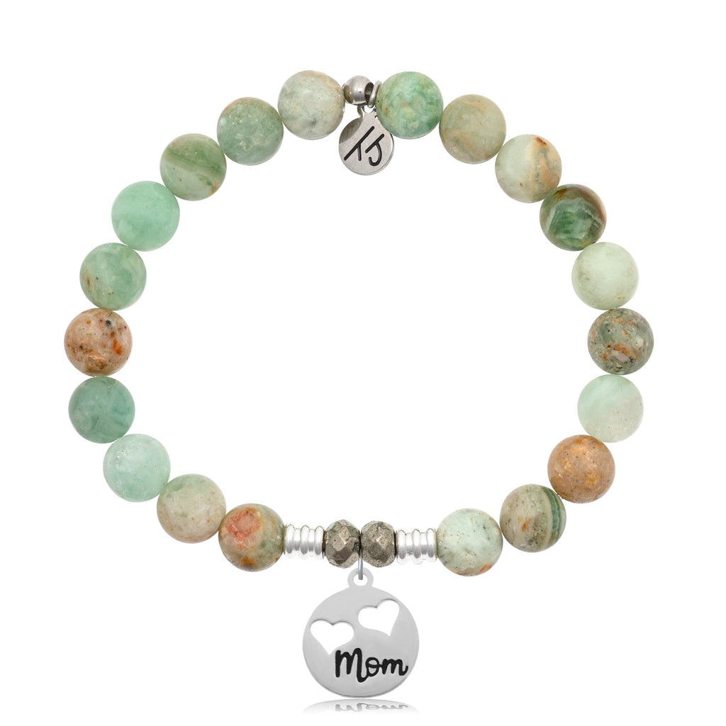 Green Quartz Stone Bracelet with Mom Hearts Sterling Silver Charm