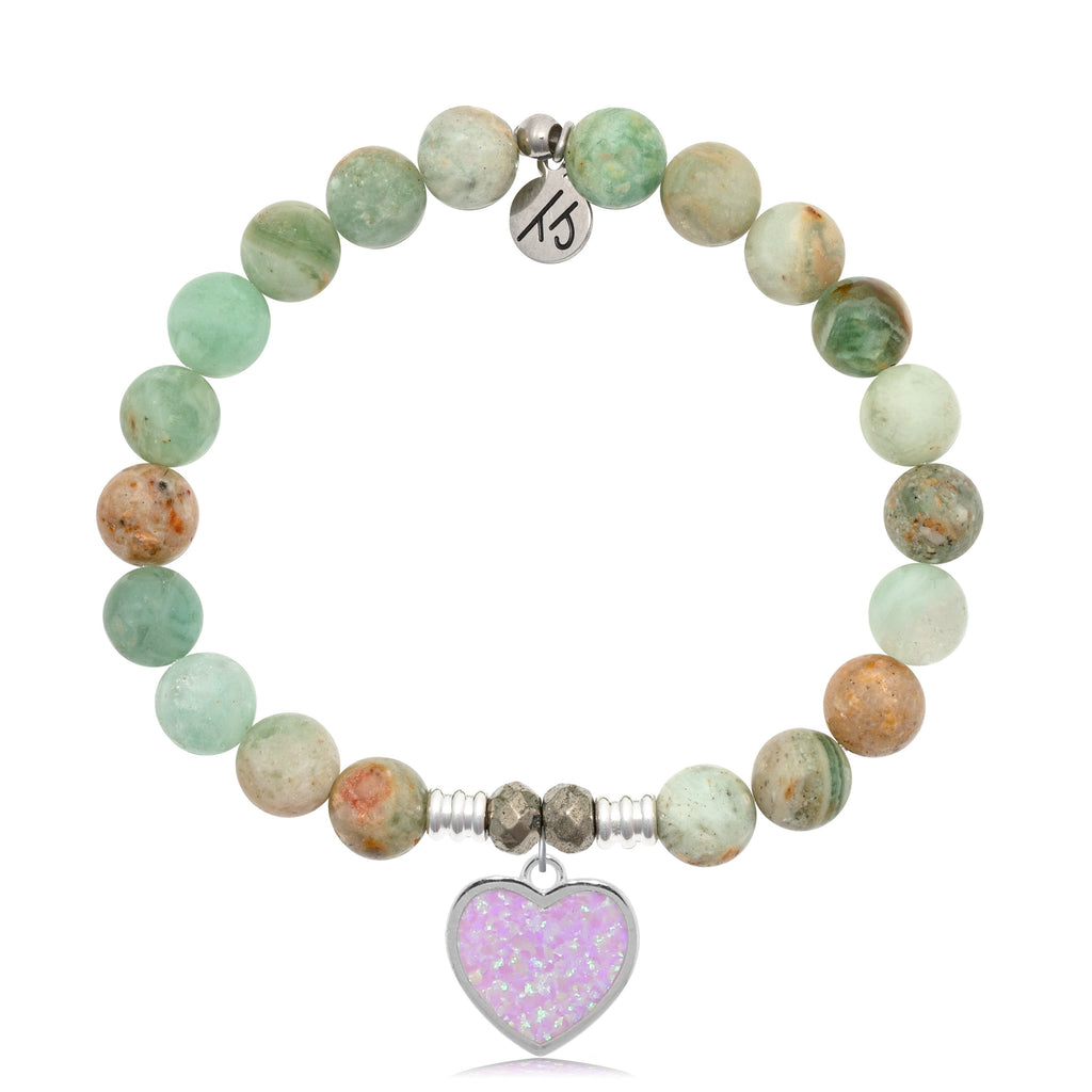 Green Quartz Stone Bracelet with Pink Opal Heart Sterling Silver Charm