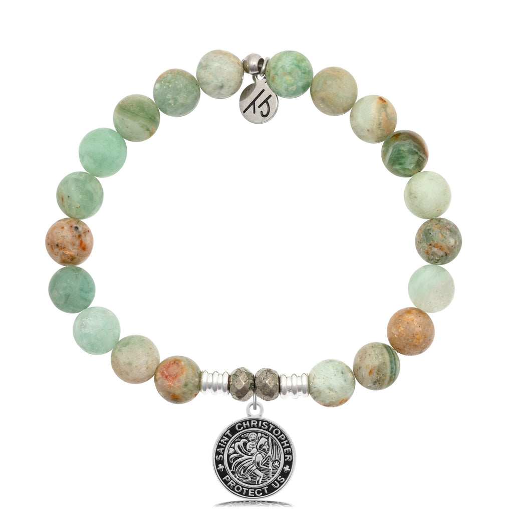 Green Quartz Stone Bracelet with Saint Christopher Sterling Silver Charm