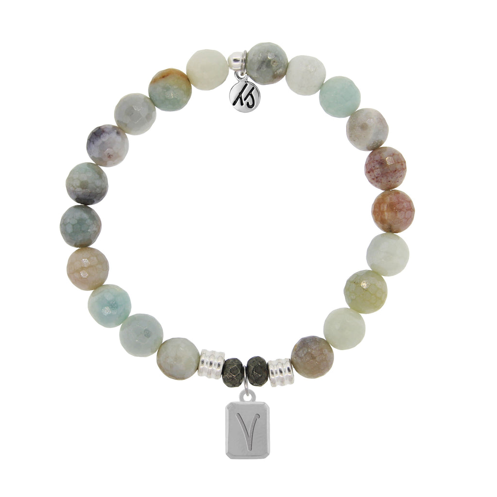 Initially Your's Amazonite Stone Bracelet with Letter V Sterling Silver Charm