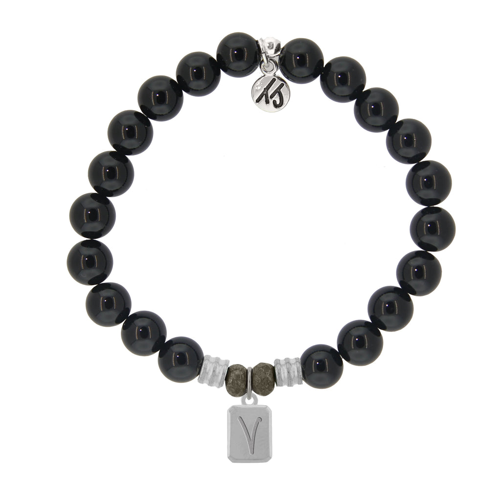 Initially Your's Onyx Bracelet with Letter V Sterling Silver Charm