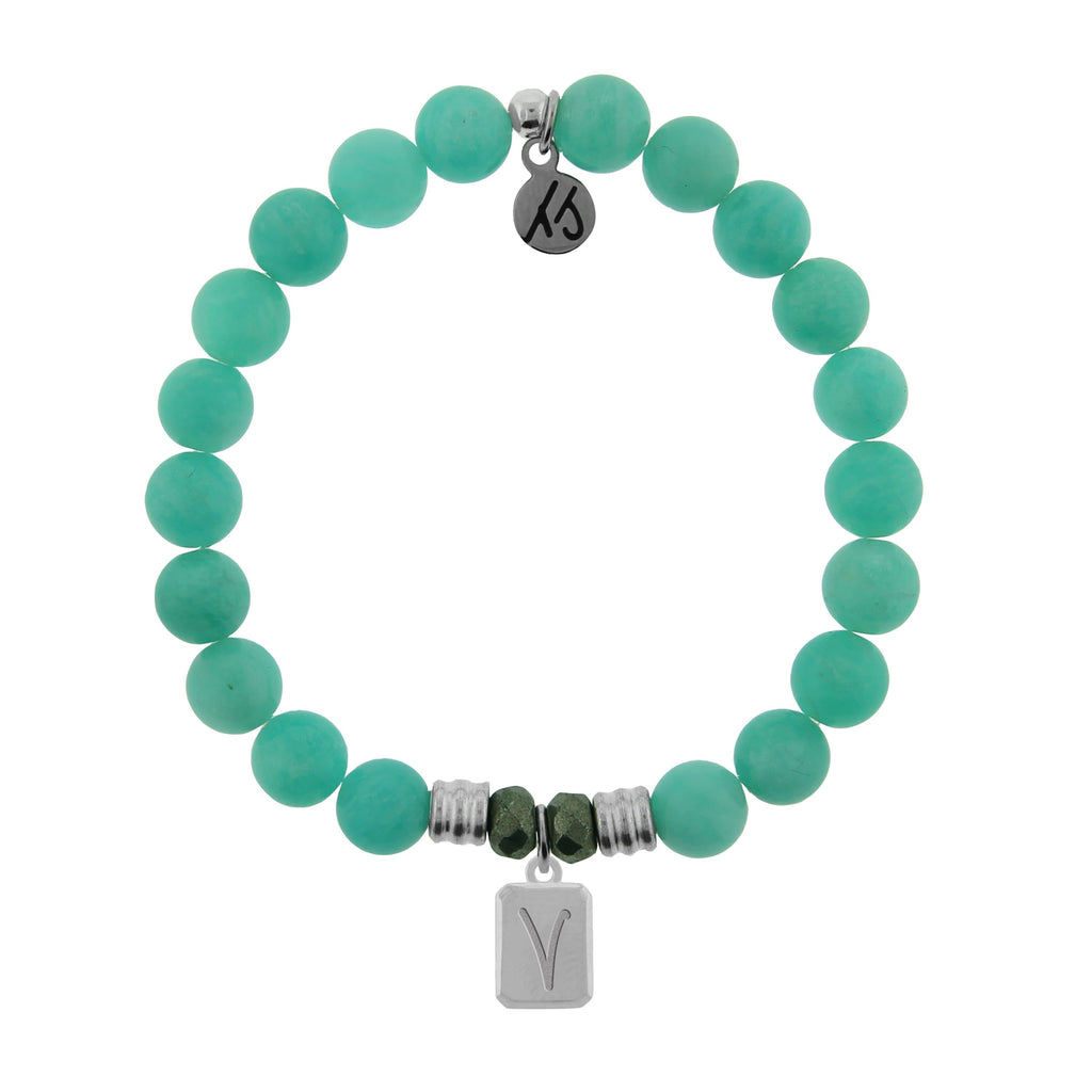 Initially Your's Peruvian Amazonite Stone Bracelet with Letter V Sterling Silver Charm
