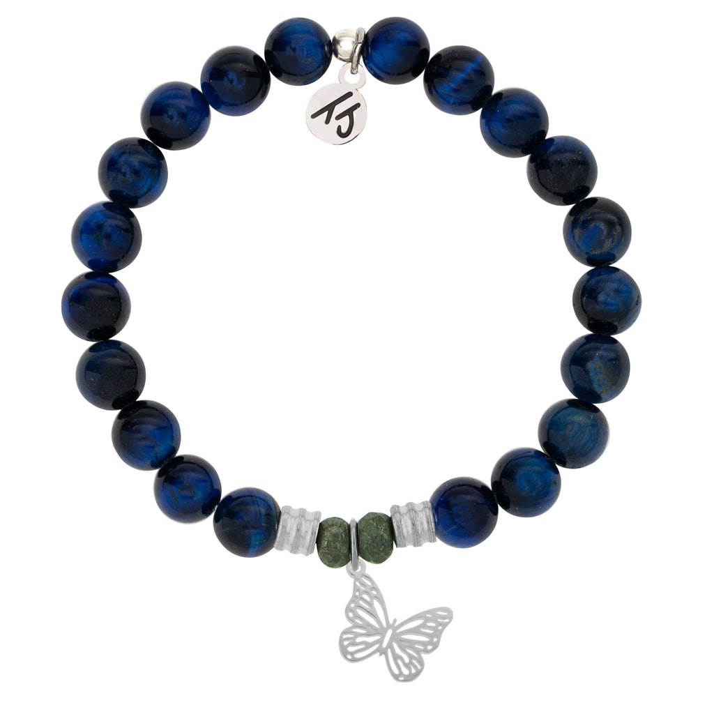 Lapis Tiger's Eye Stone Bracelet with Butterfly Sterling Silver Charm