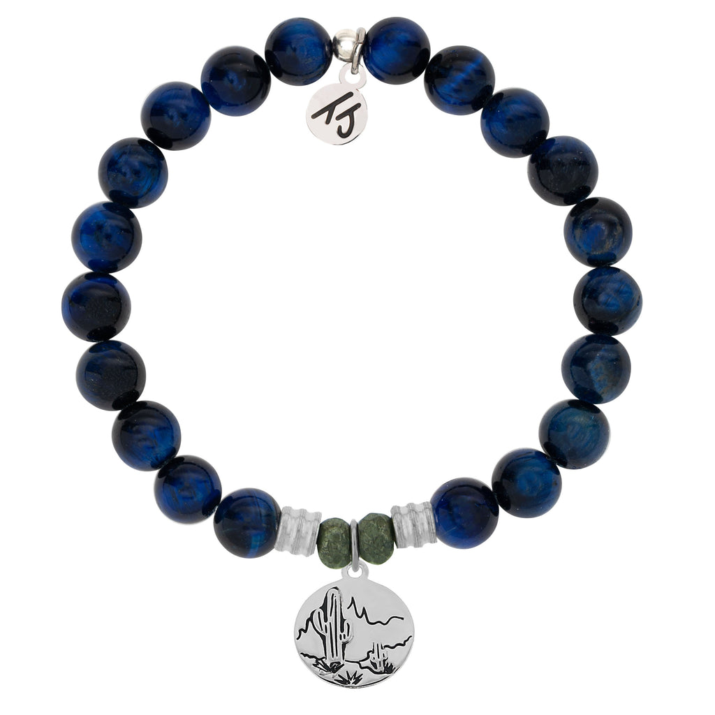 Lapis Tiger's Eye Stone Bracelet with Cactus Sterling Silver Charm