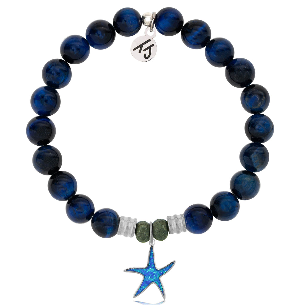 Lapis Tiger's Eye Stone Bracelet with Star of the Sea Sterling Silver Charm