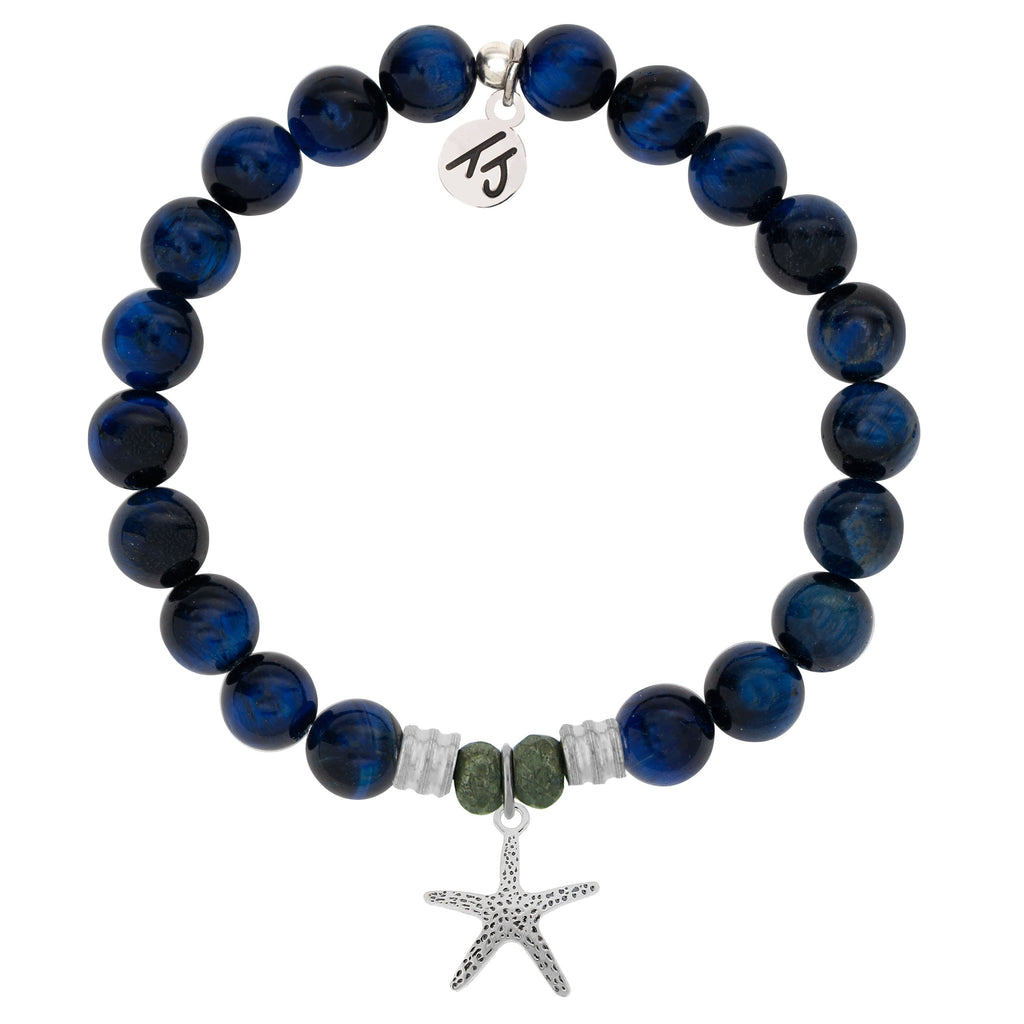 Lapis Tiger's Eye Stone Bracelet with Starfish Sterling Silver Charm