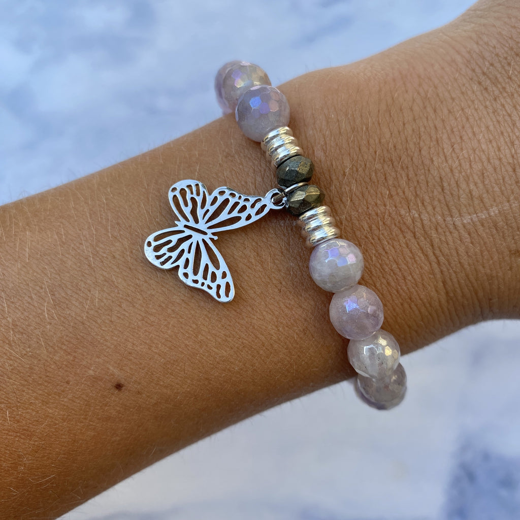 Mauve Jade Stone Bracelet with Butterfly Sterling Silver Charm