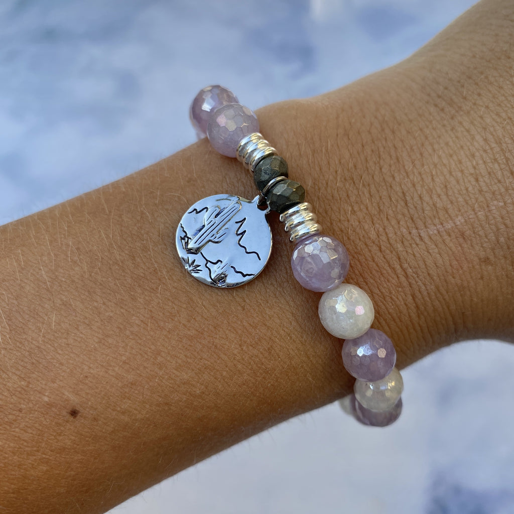 Mauve Jade Stone Bracelet with Cactus Sterling Silver Charm