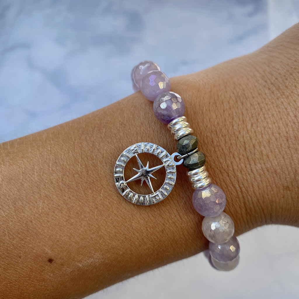 Mauve Jade Stone Bracelet with Compass Rose Sterling Silver Charm