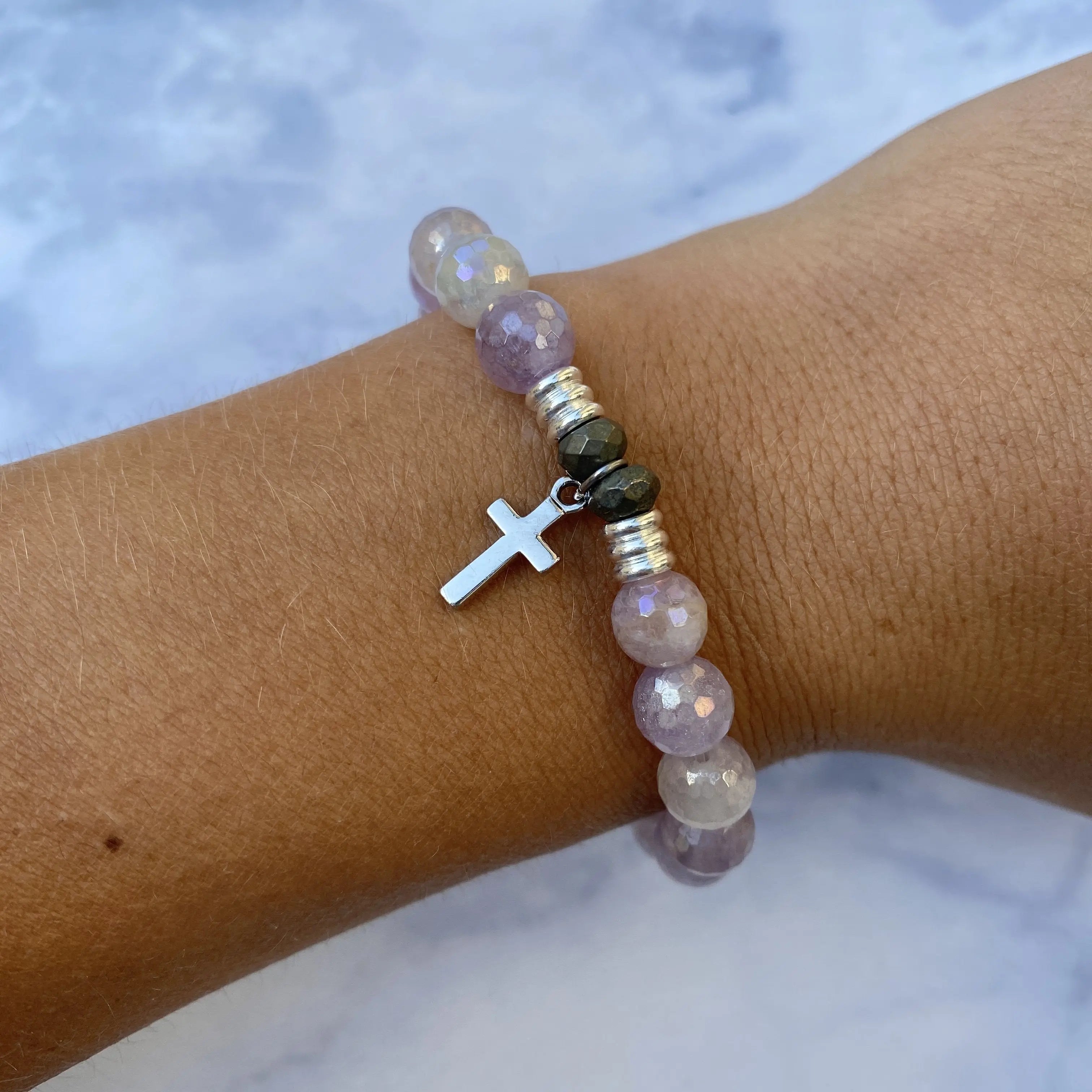 Mauve Jade Stone Bracelet with Cross Sterling Silver Charm