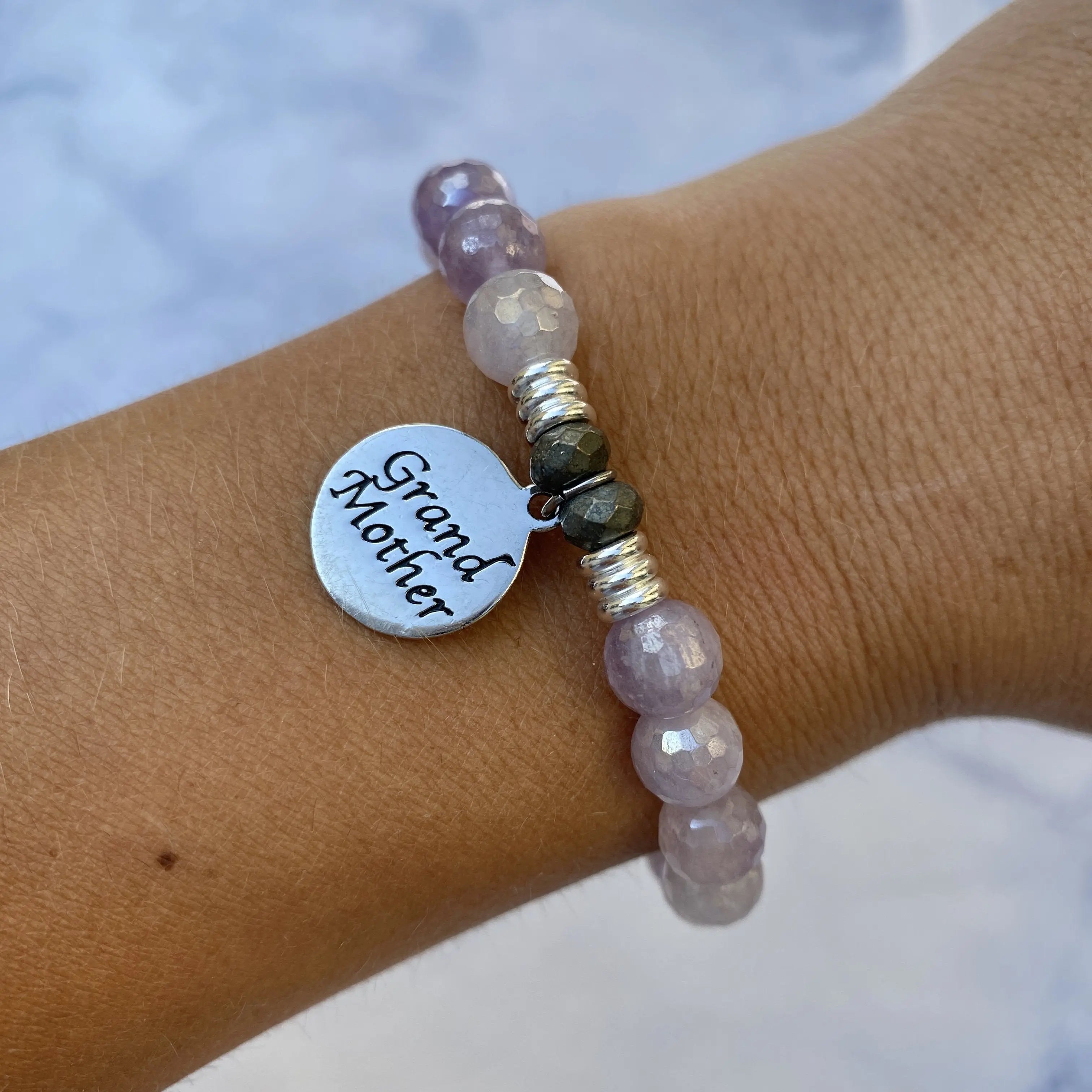 Mauve Jade Stone Bracelet with Grandmother Endless Love Sterling Silver Charm