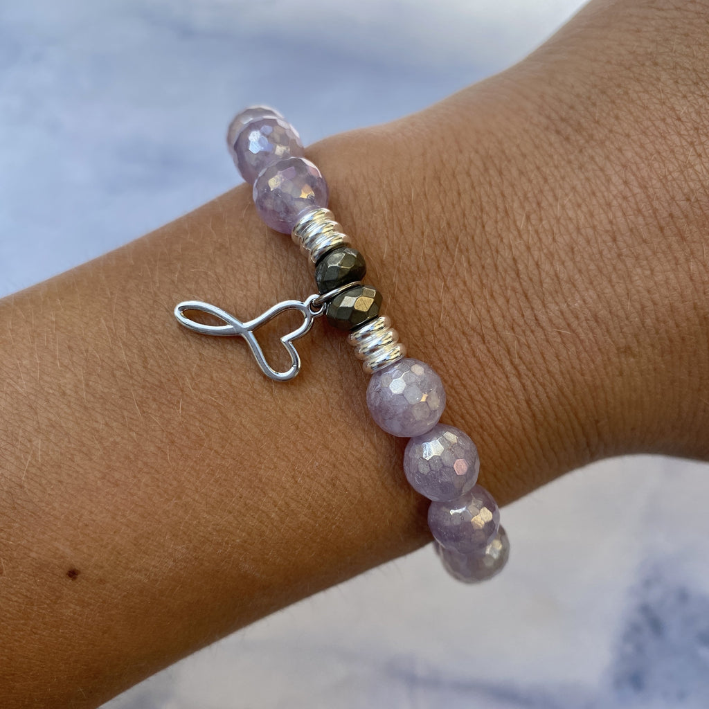 Mauve Jade Stone Bracelet with Infinity Heart Sterling Silver Charm