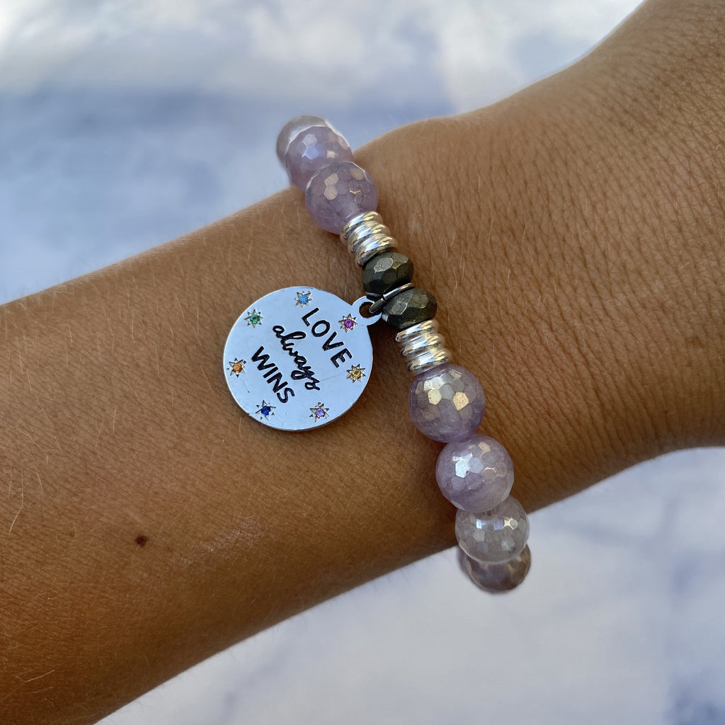 Mauve Jade Stone Bracelet with Love Always Wins Sterling Silver Charm