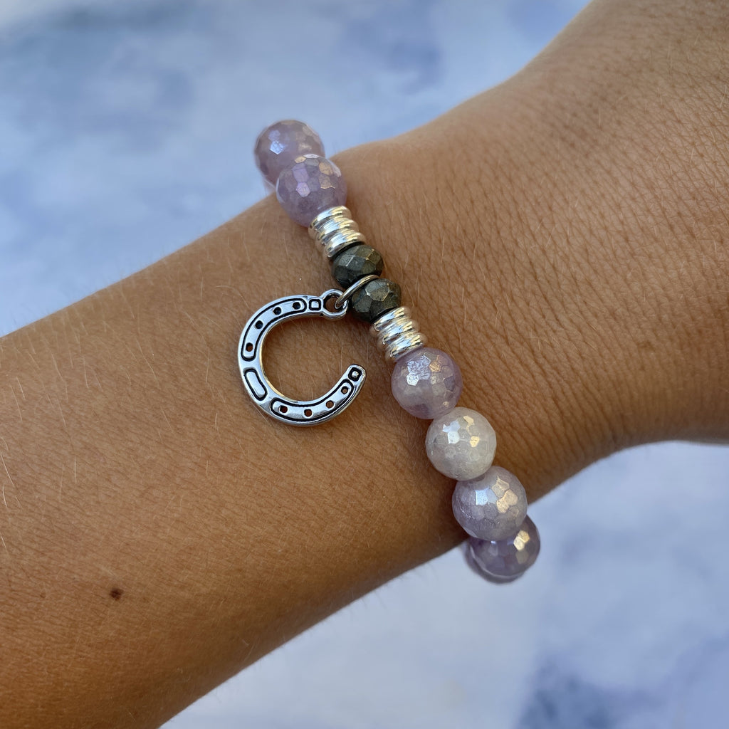 Mauve Jade Stone Bracelet with Lucky Horseshoe Sterling Silver Charm