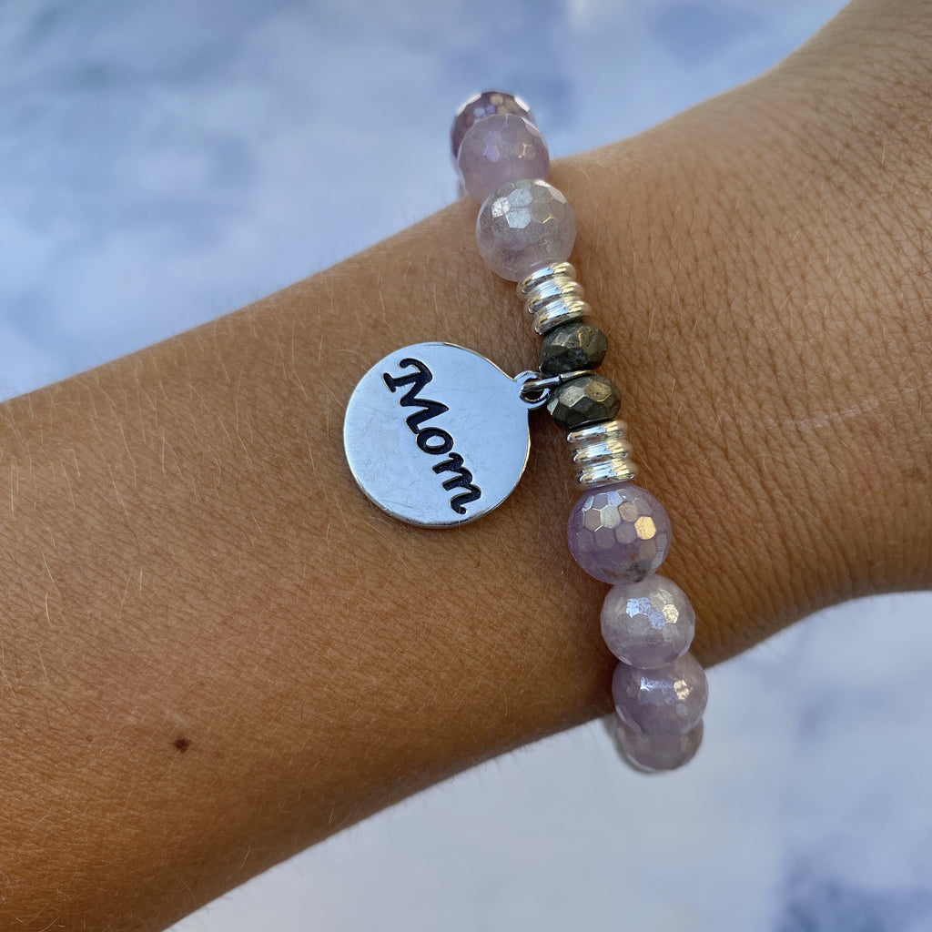 Mauve Jade Stone Bracelet with Mom Endless Love Sterling Silver Charm